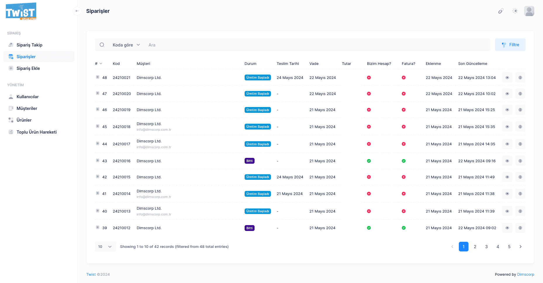 Twist Sipariş Takip / Sipariş Liste