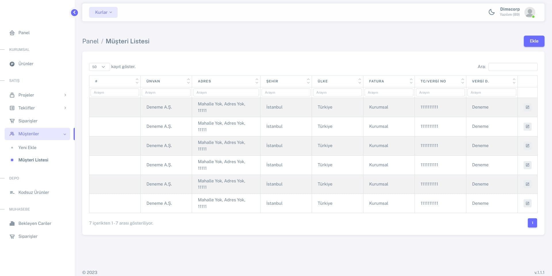 ERP / Müşteri / Liste