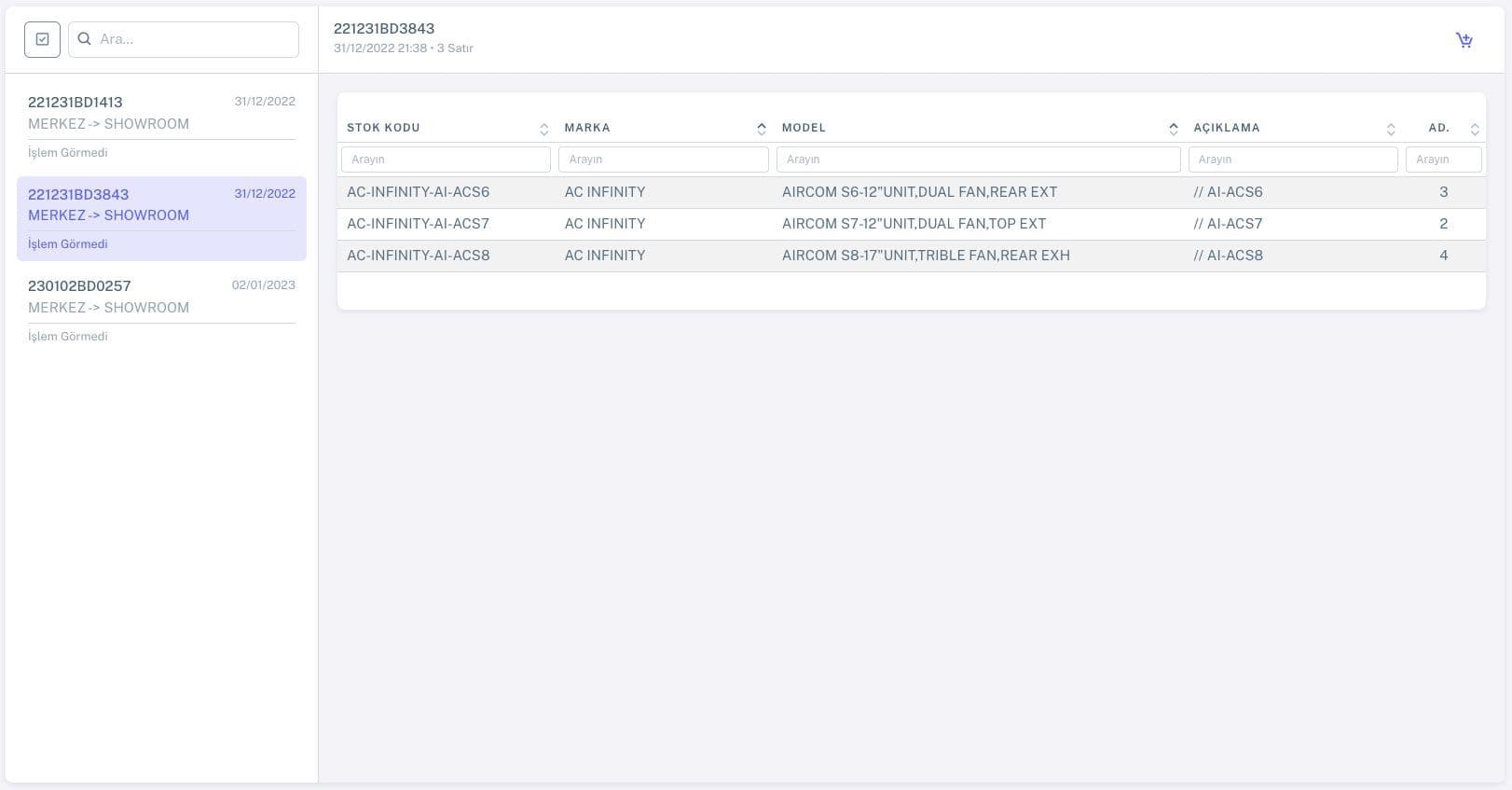 ERP / Sipariş / Ambar Transfer Detay