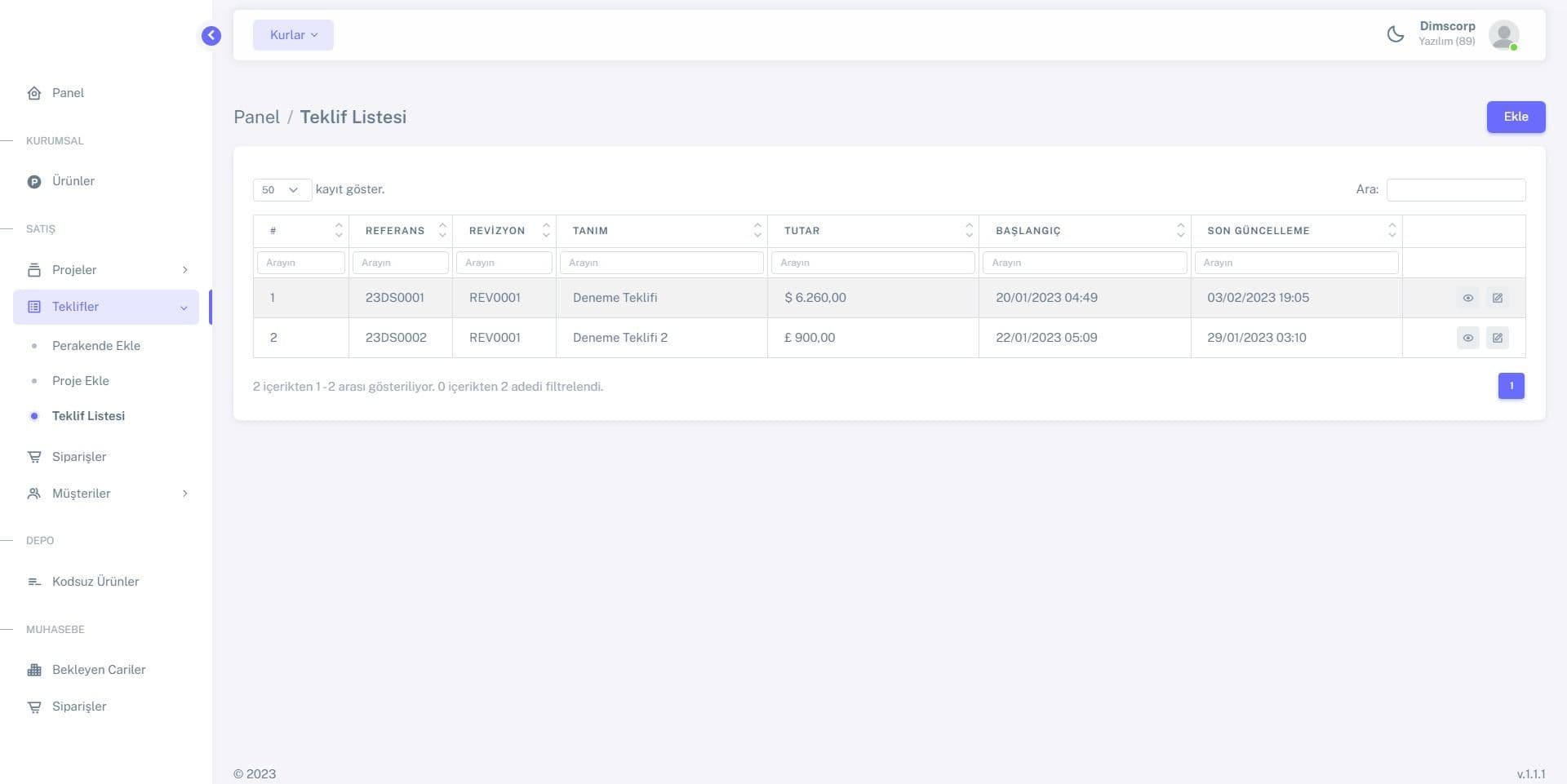 ERP / Teklif / Liste