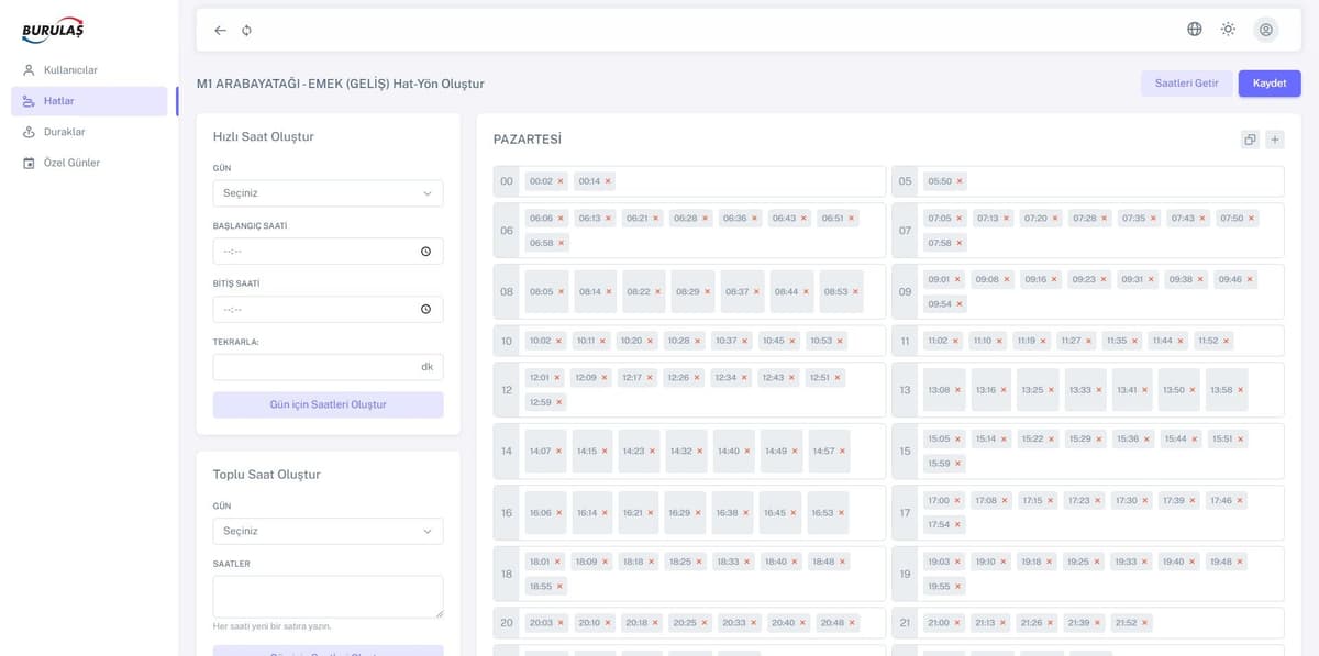 Burulaş Sefer Saati Yönetme Uygulaması